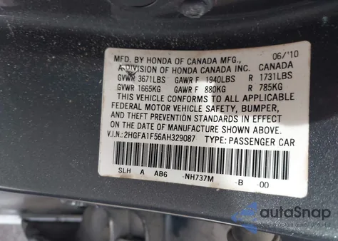 2010 Honda Civic Lx from USA, damaged, VIN 2HGFA1F56AH329087